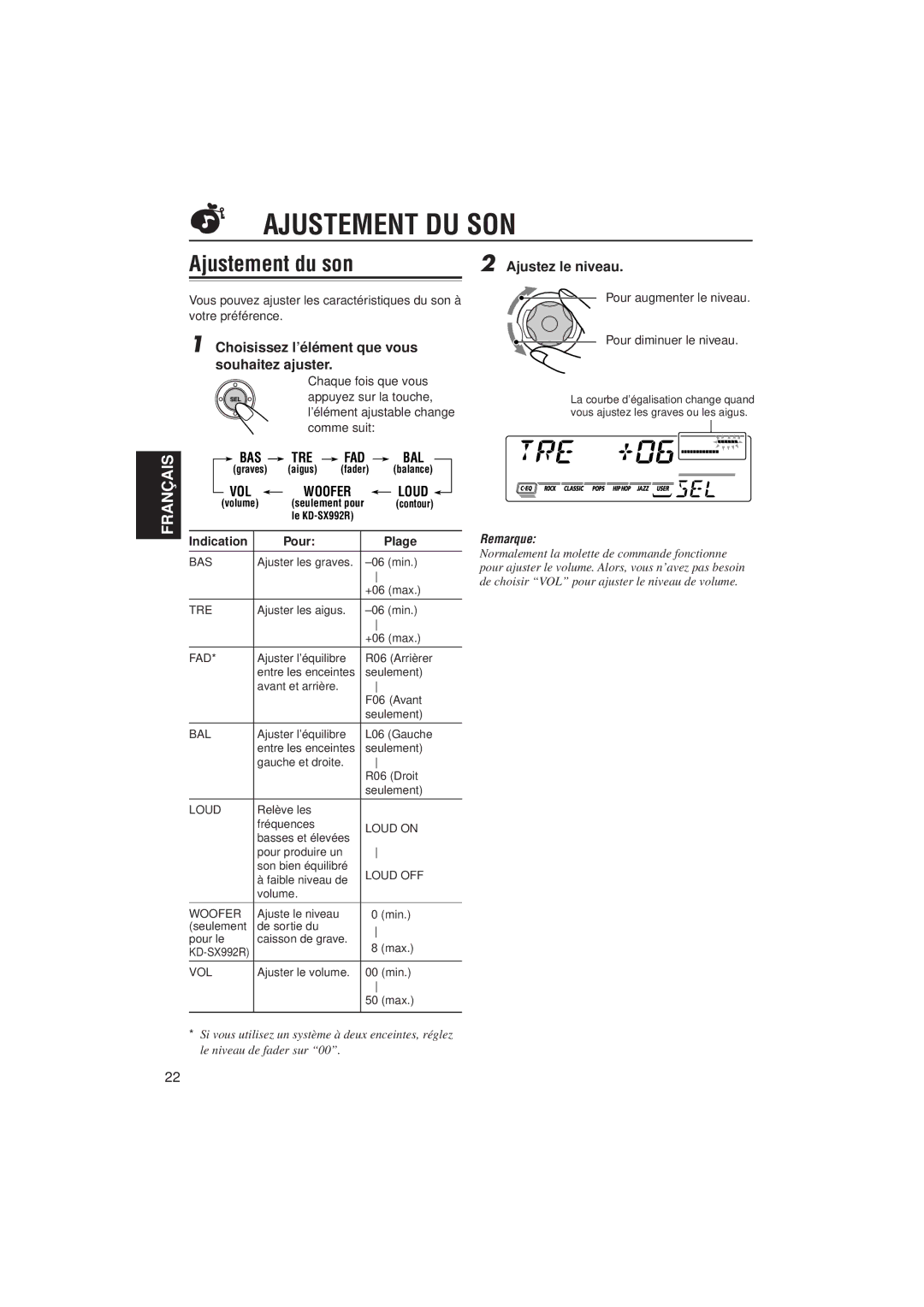 JVC KD-SX921R Ajustement DU SON, Ajustement du son, Ajustez le niveau, Choisissez l’élément que vous souhaitez ajuster 