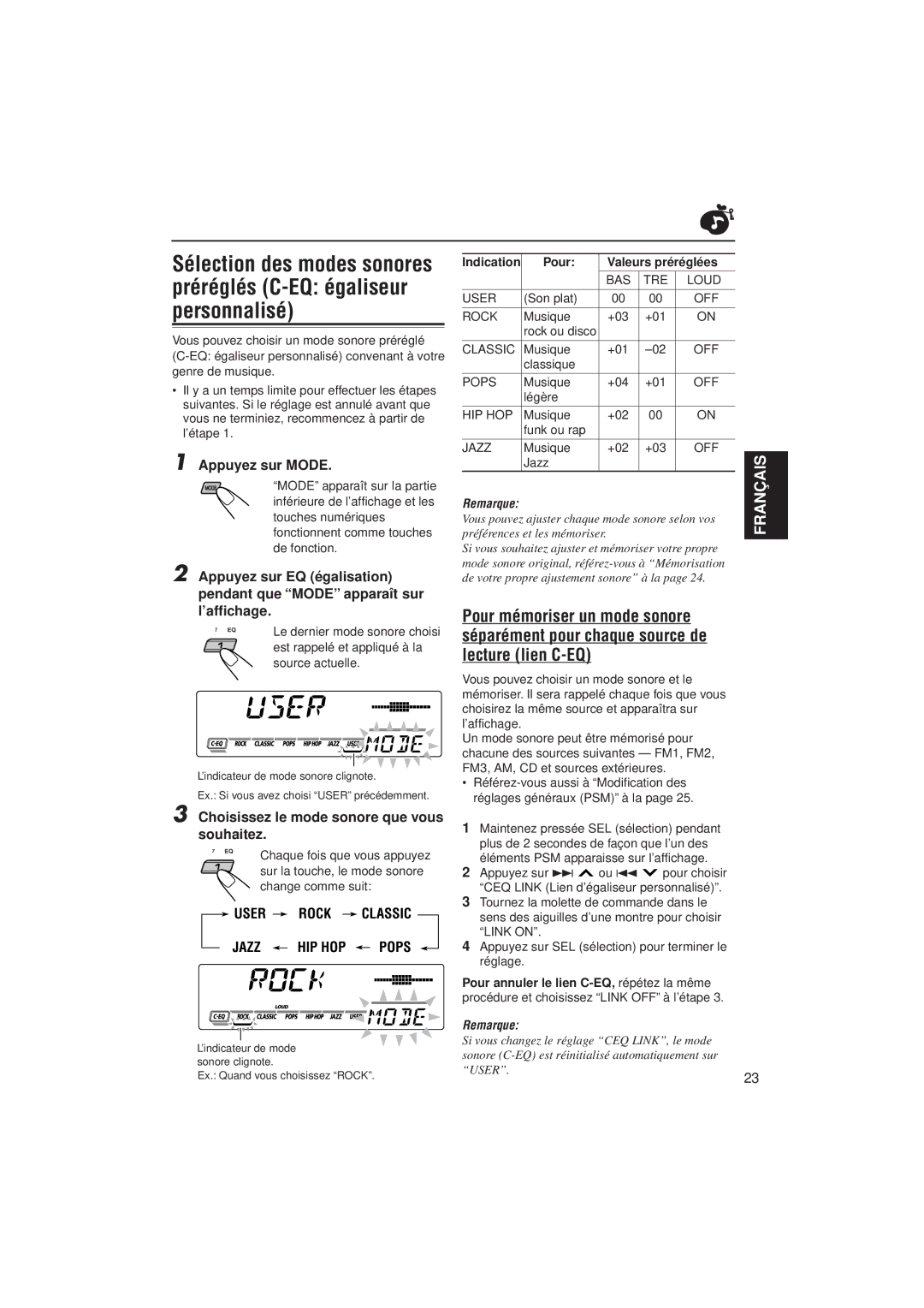 JVC KD-SX992R, KD-SX921R manual Appuyez sur Mode, Choisissez le mode sonore que vous souhaitez, Pour Valeurs préréglées 