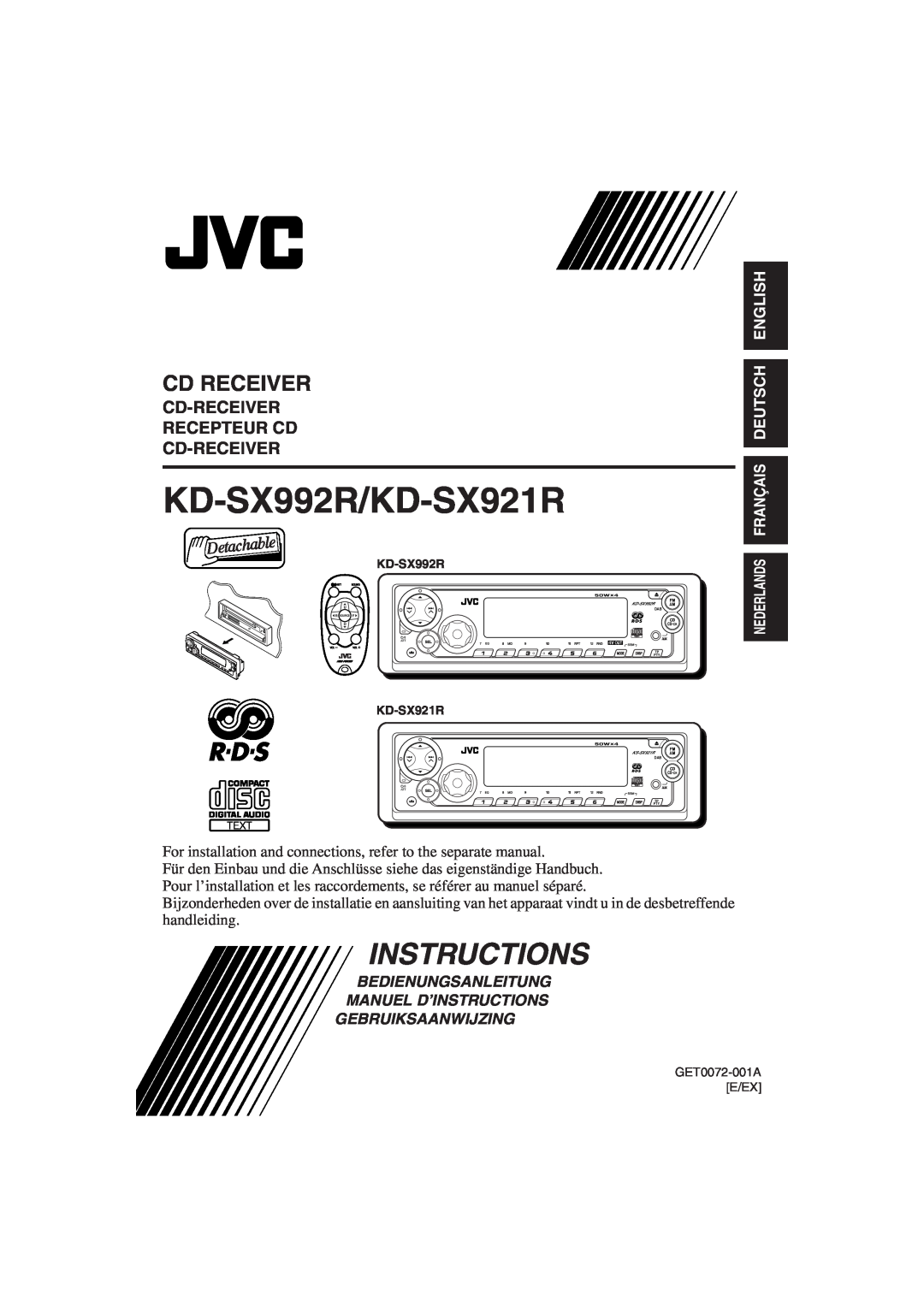 JVC manual Cd Receiver, Cd-Receiver Recepteur Cd Cd-Receiver, English Deutsch, KD-SX992R/KD-SX921R, Instructions 