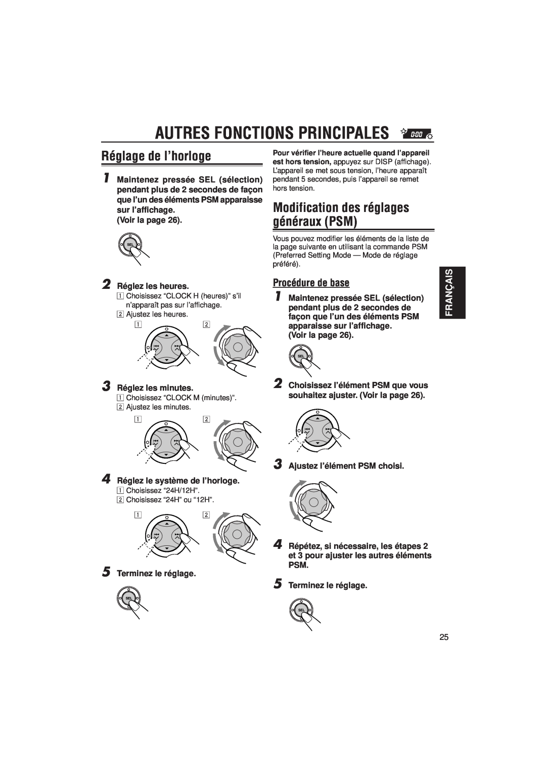 JVC KD-SX992R manual Autres Fonctions Principales, Réglage de l’horloge, Modification des réglages généraux PSM, Français 