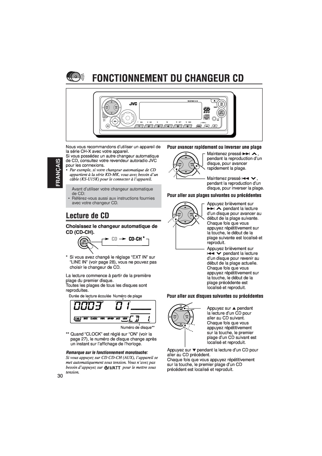 JVC KD-SX921R manual Fonctionnement Du Changeur Cd, Lecture de CD, Choisissez le changeur automatique de CD CD-CH, Cd Cd-Ch 
