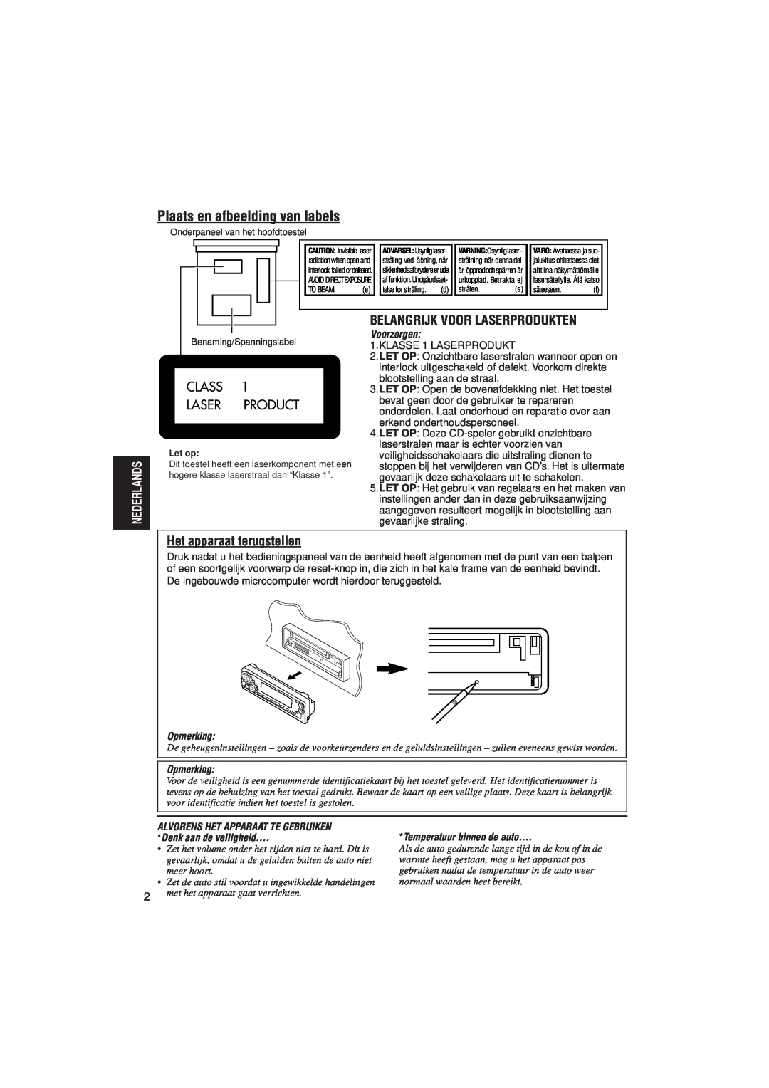 JVC KD-SX921R manual Plaats en afbeelding van labels, Belangrijk Voor Laserprodukten, Het apparaat terugstellen, Voorzorgen 