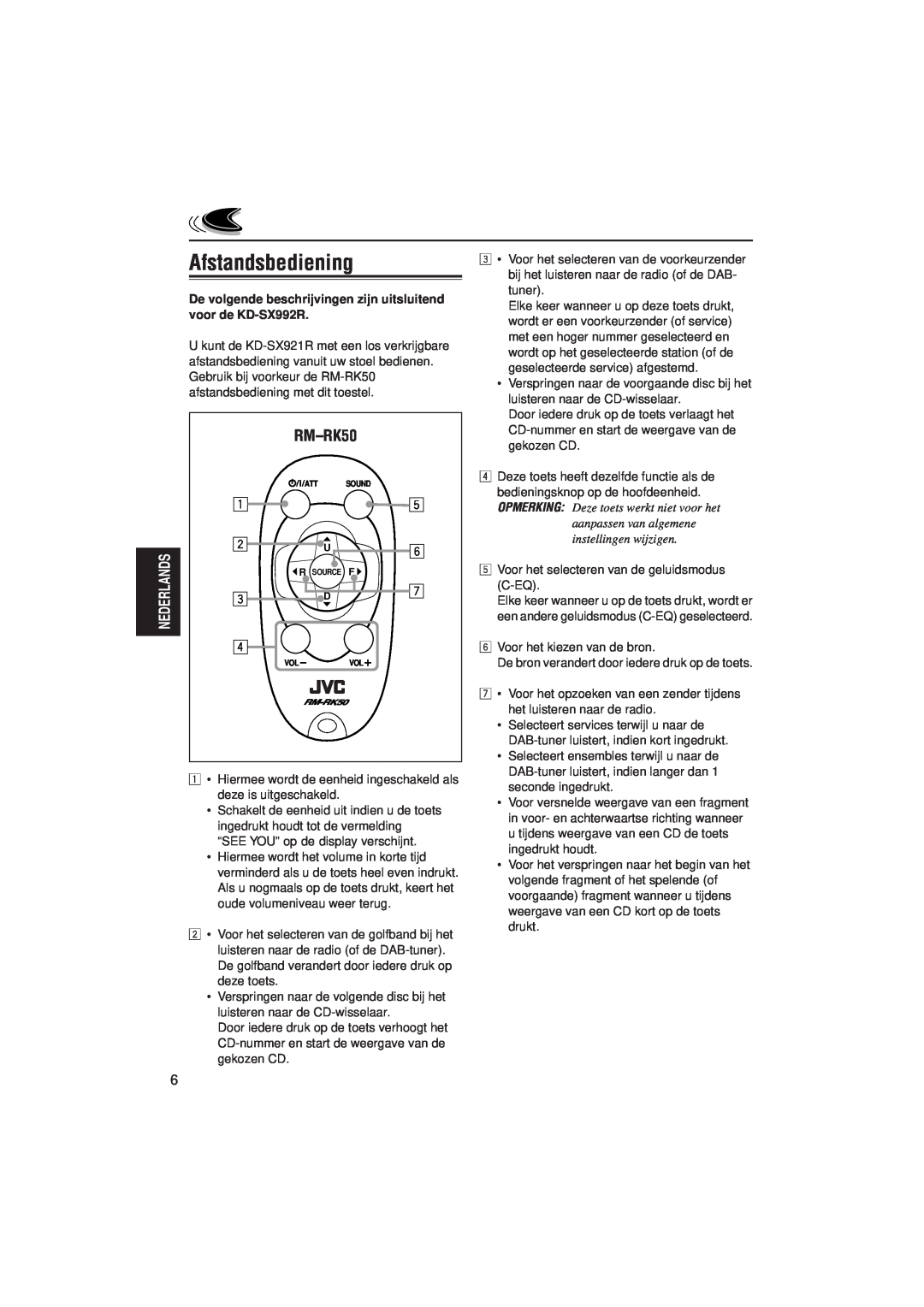 JVC KD-SX921R, KD-SX992R manual Afstandsbediening, RM–RK50 