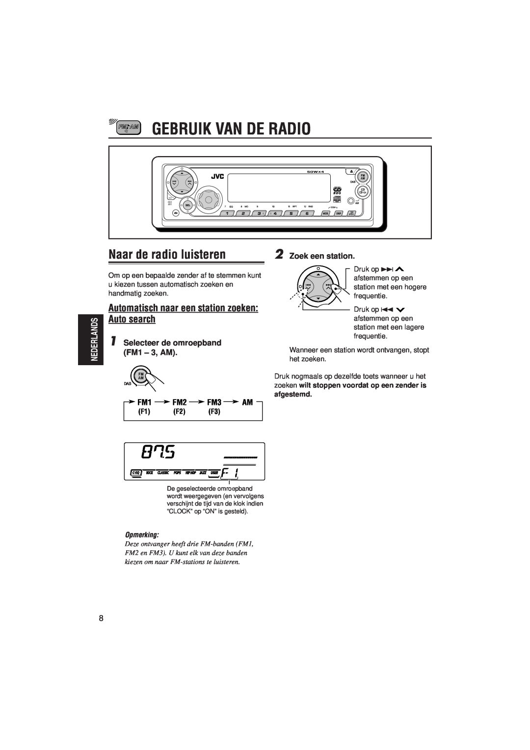JVC KD-SX921R Gebruik Van De Radio, Naar de radio luisteren, Automatisch naar een station zoeken: Auto search, F1 F2 F3 