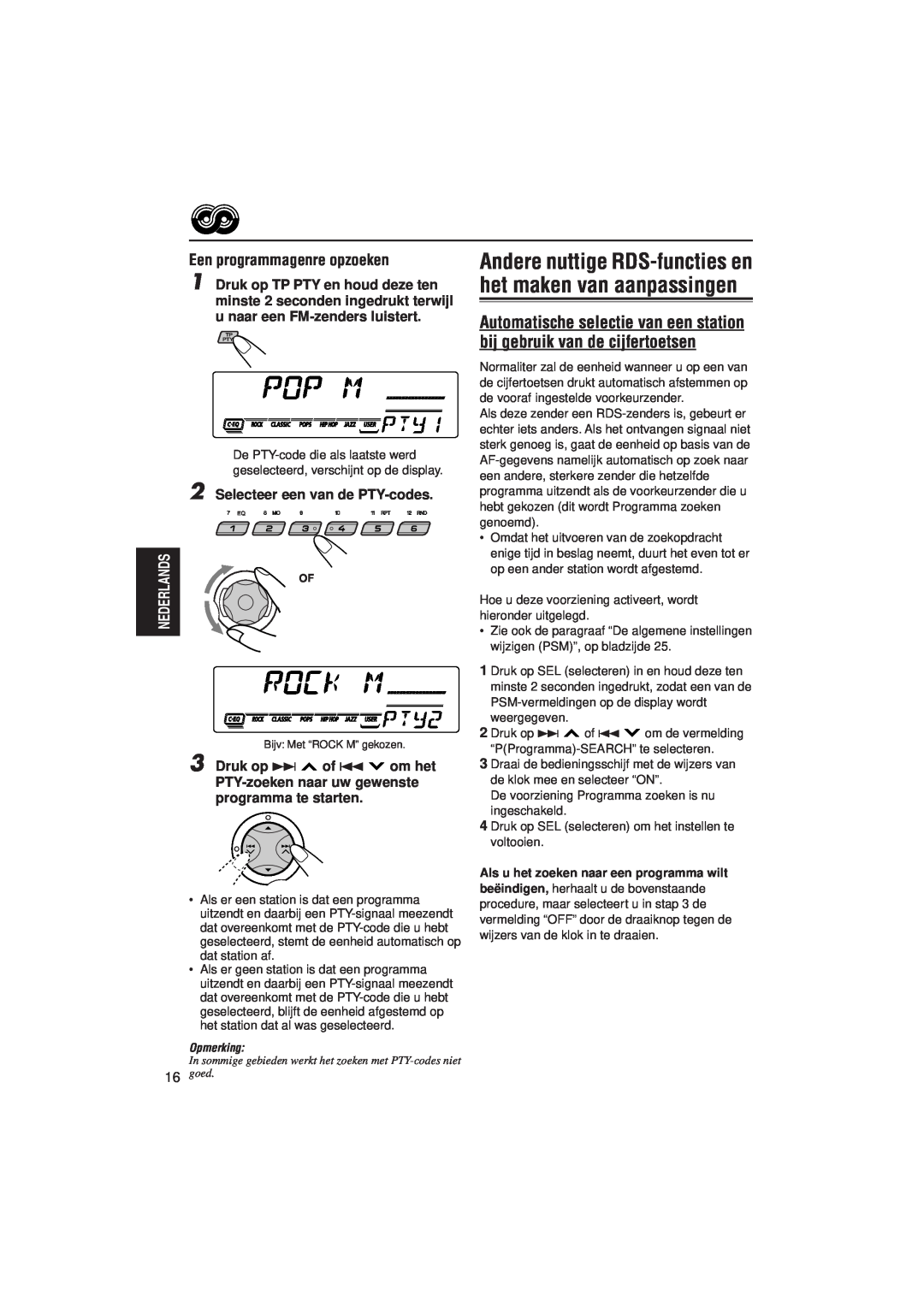 JVC KD-SX921R, KD-SX992R manual Een programmagenre opzoeken, Selecteer een van de PTY-codes, Druk op ¢ of 4 om het 