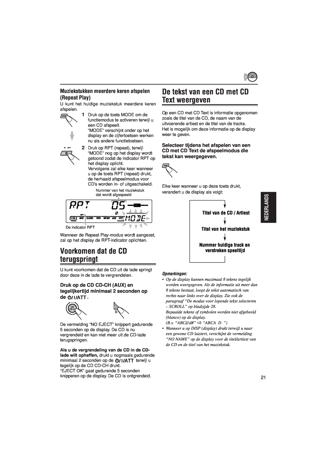 JVC KD-SX992R manual Voorkomen dat de CD terugspringt, De tekst van een CD met CD Text weergeven, Titel van de CD / Artiest 