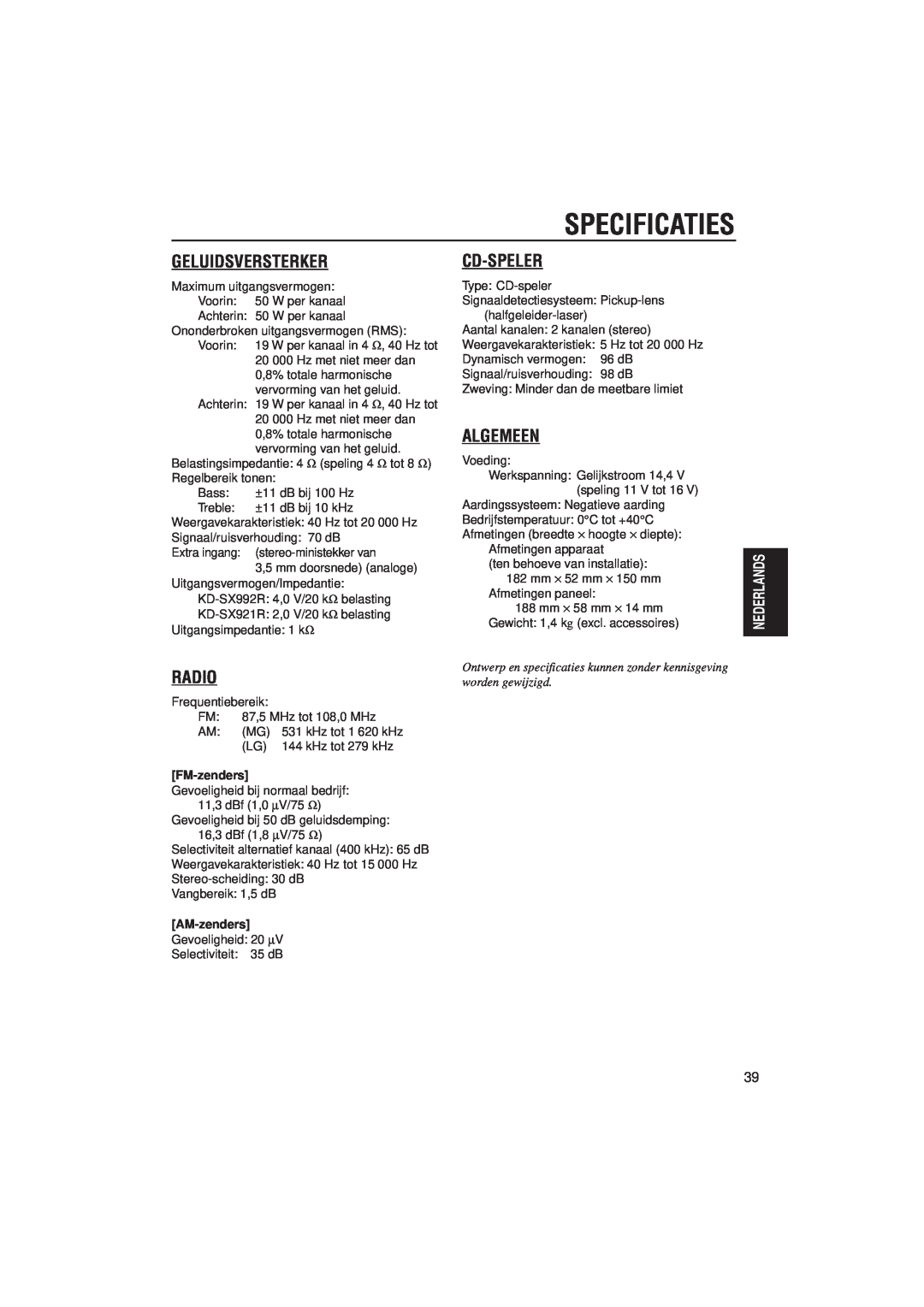 JVC KD-SX992R, KD-SX921R manual Specificaties, Geluidsversterker, Radio, Cd-Speler, Algemeen, FM-zenders, AM-zenders 