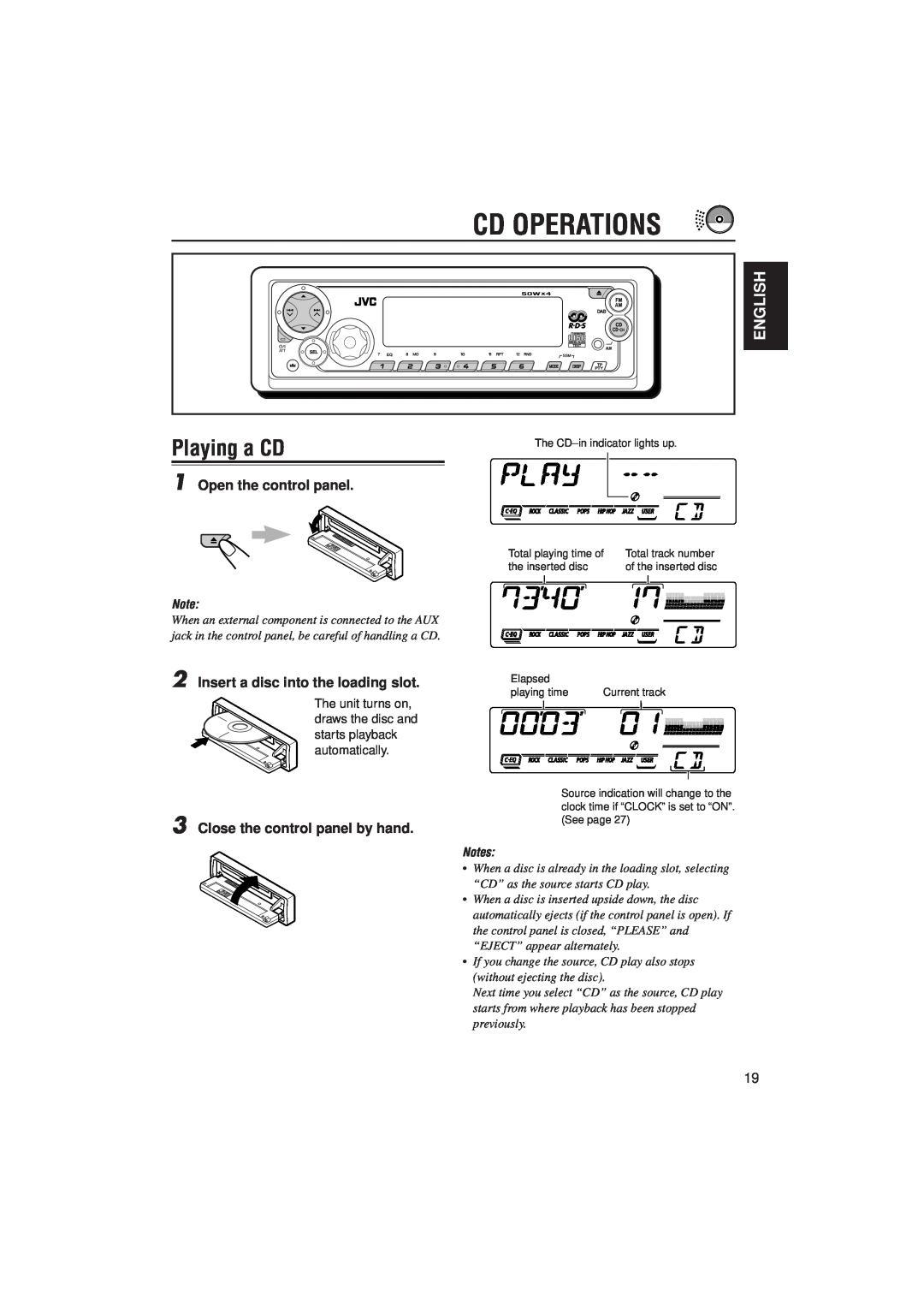 JVC KD-SX992R Cd Operations, Playing a CD, English, Open the control panel, Insert a disc into the loading slot, Notes 