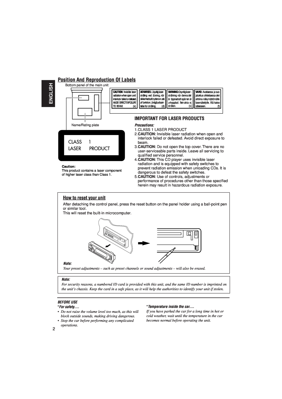JVC KD-SX921R manual Position And Reproduction Of Labels, English, Important For Laser Products, How to reset your unit 