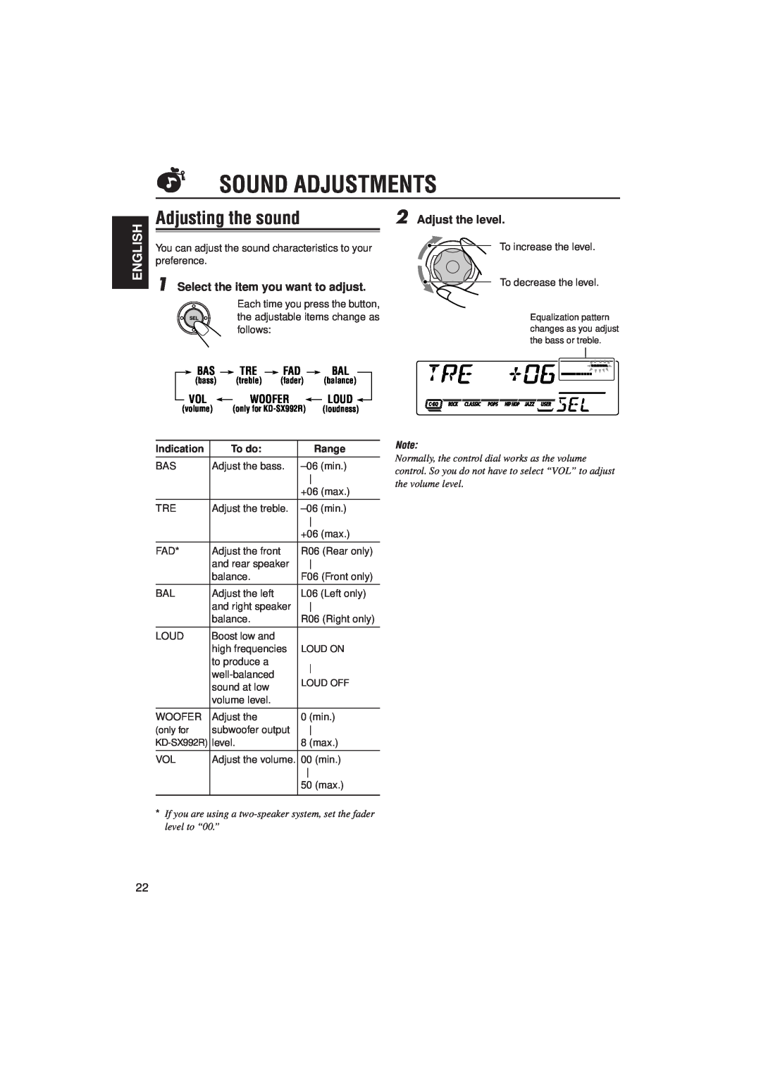 JVC KD-SX921R Sound Adjustments, Adjusting the sound, Adjust the level, English, Select the item you want to adjust, To do 