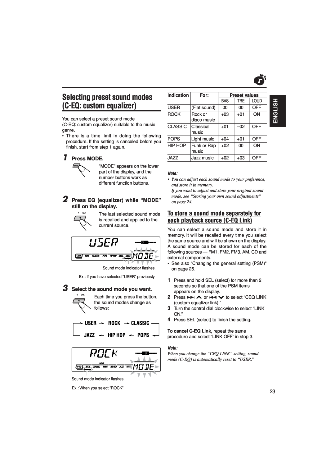 JVC KD-SX992R manual English, Press MODE, Select the sound mode you want, User Rock Classic Jazz Hip Hop Pops, Indication 