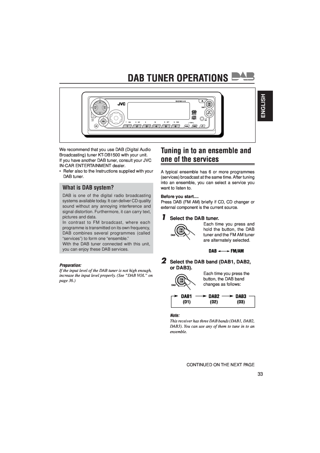 JVC KD-SX992R manual Dab Tuner Operations, Tuning in to an ensemble and one of the services, What is DAB system?, English 