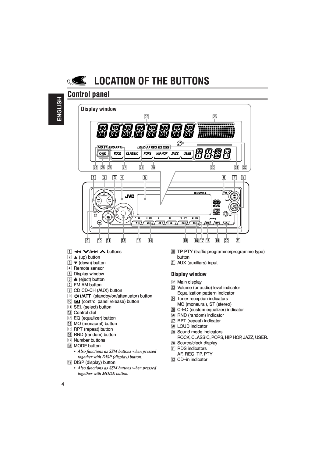 JVC KD-SX921R, KD-SX992R manual Location Of The Buttons, Control panel, Display window, English 