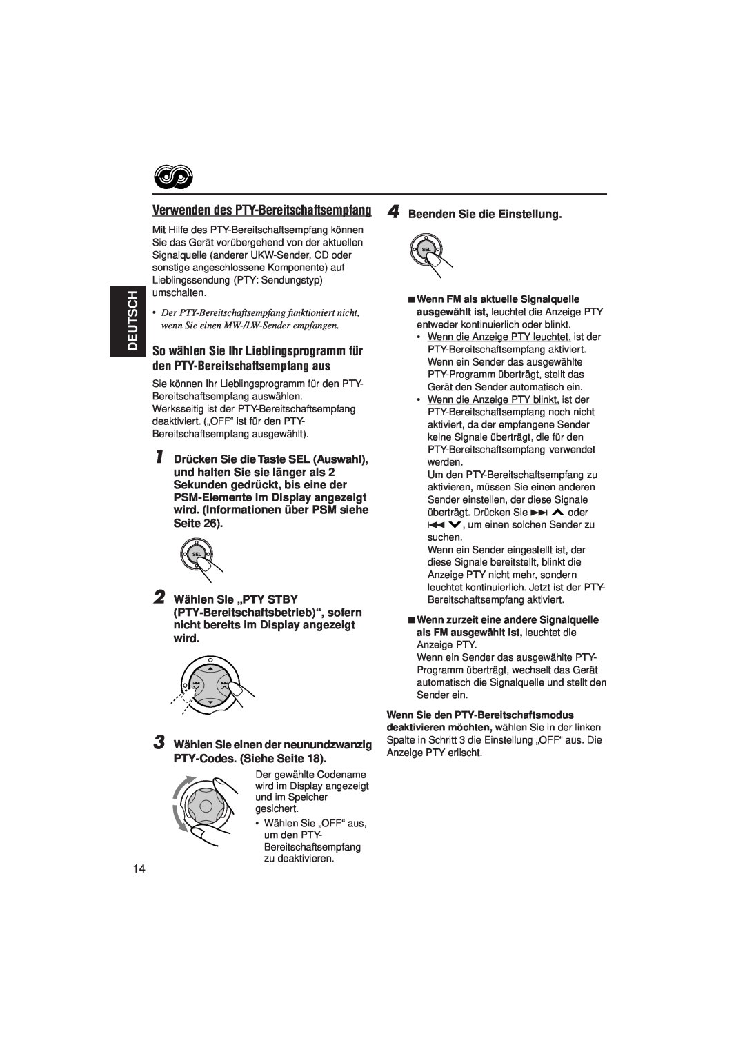 JVC KD-SX921R, KD-SX992R manual Deutsch, Verwenden des PTY-Bereitschaftsempfang, Beenden Sie die Einstellung 