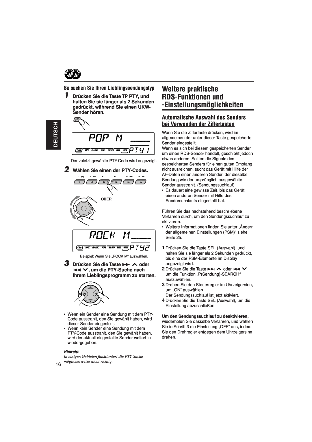 JVC KD-SX921R, KD-SX992R manual Deutsch, So suchen Sie Ihren Lieblingssendungstyp, 2 Wählen Sie einen der PTY-Codes, Hinweis 