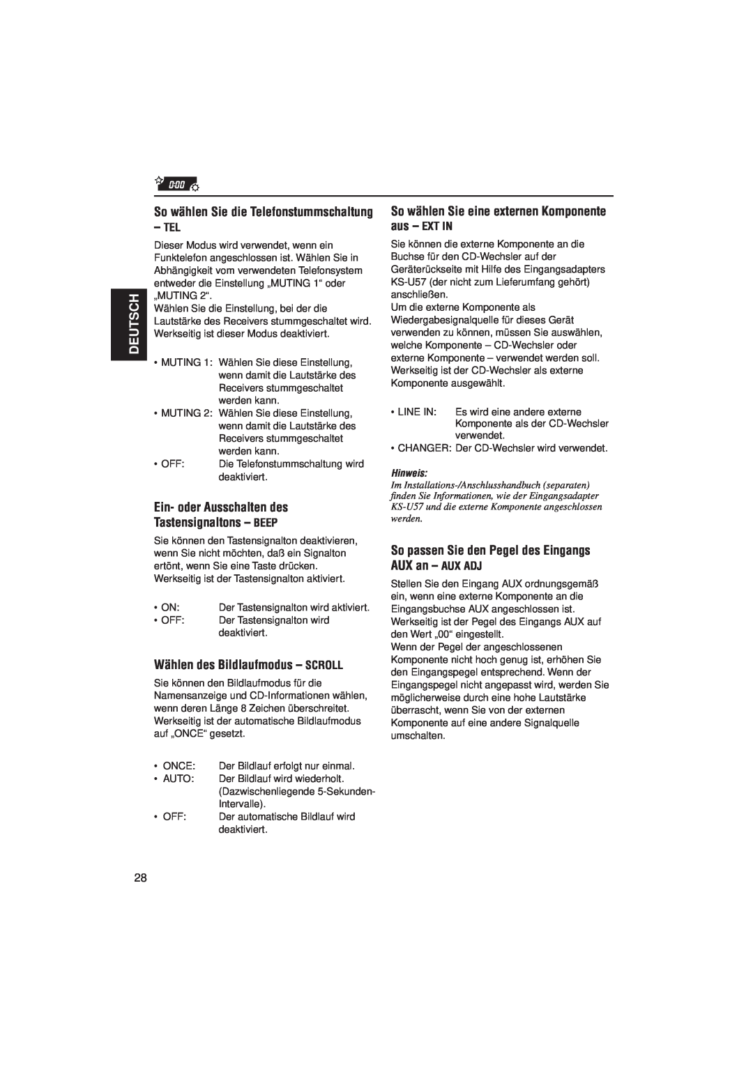 JVC KD-SX921R manual Ein- oder Ausschalten des Tastensignaltons – BEEP, Wählen des Bildlaufmodus – SCROLL, Deutsch, Hinweis 