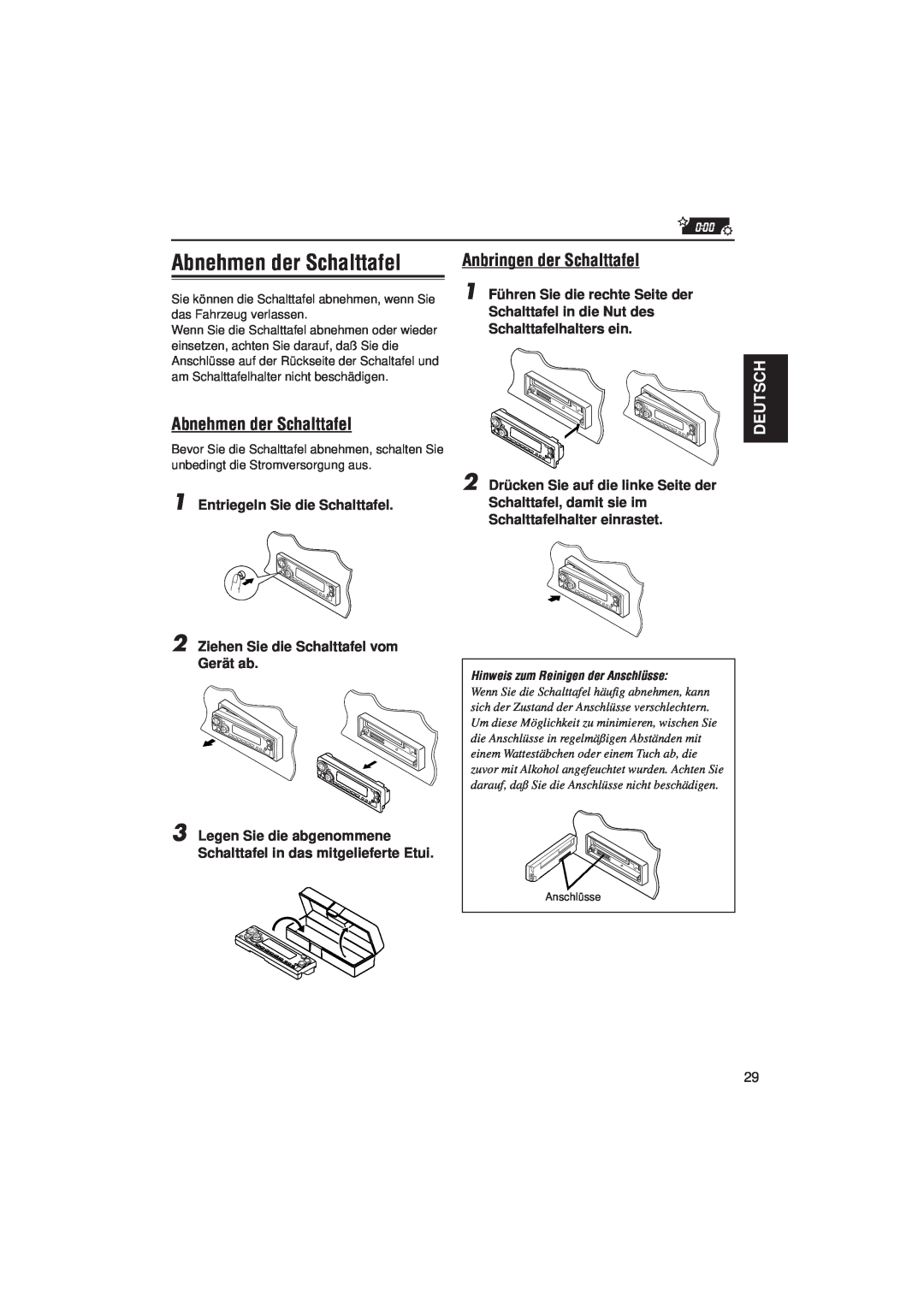 JVC KD-SX992R, KD-SX921R manual Abnehmen der Schalttafel, Anbringen der Schalttafel, Deutsch, Entriegeln Sie die Schalttafel 