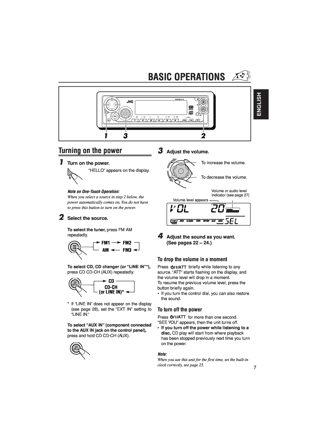 JVC KD-SX992R manual Basic Operations, Turning on the power, To drop the volume in a moment, To turn off the power, English 