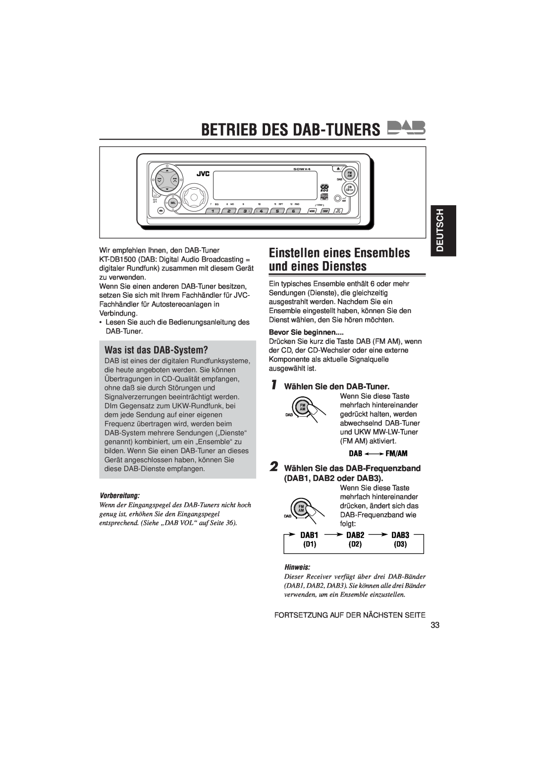 JVC KD-SX992R Betrieb Des Dab-Tuners, Einstellen eines Ensembles und eines Dienstes, Was ist das DAB-System?, Deutsch 