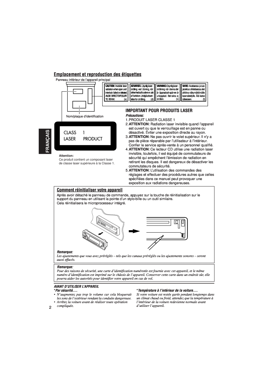 JVC KD-SX921R Emplacement et reproduction des étiquettes, Français, Important Pour Produits Laser, Précautions, Remarque 