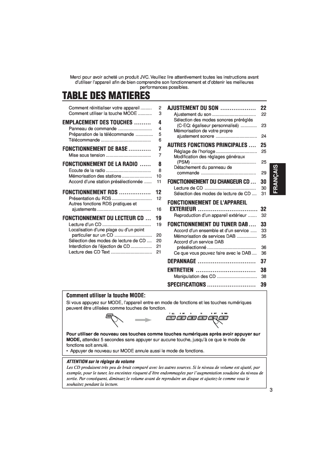 JVC KD-SX992R, KD-SX921R Table Des Matieres, Exterieur, Depannage, Entretien, Comment utiliser la touche MODE, Français 