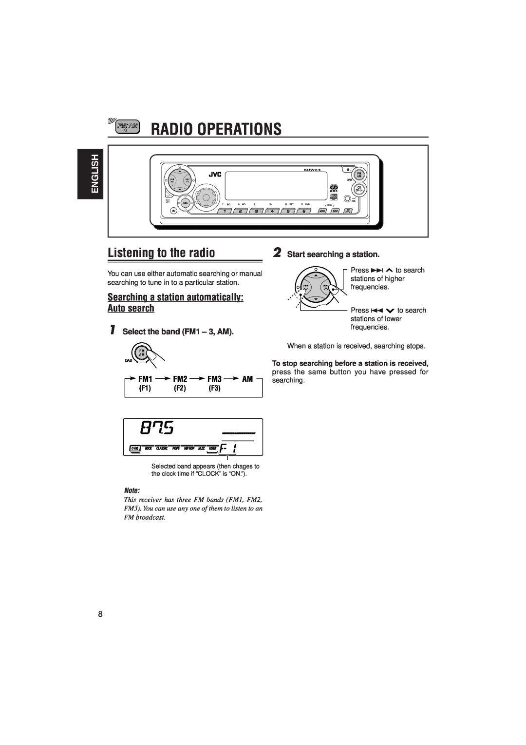 JVC KD-SX921R Radio Operations, Listening to the radio, Searching a station automatically: Auto search, English, F1 F2 F3 