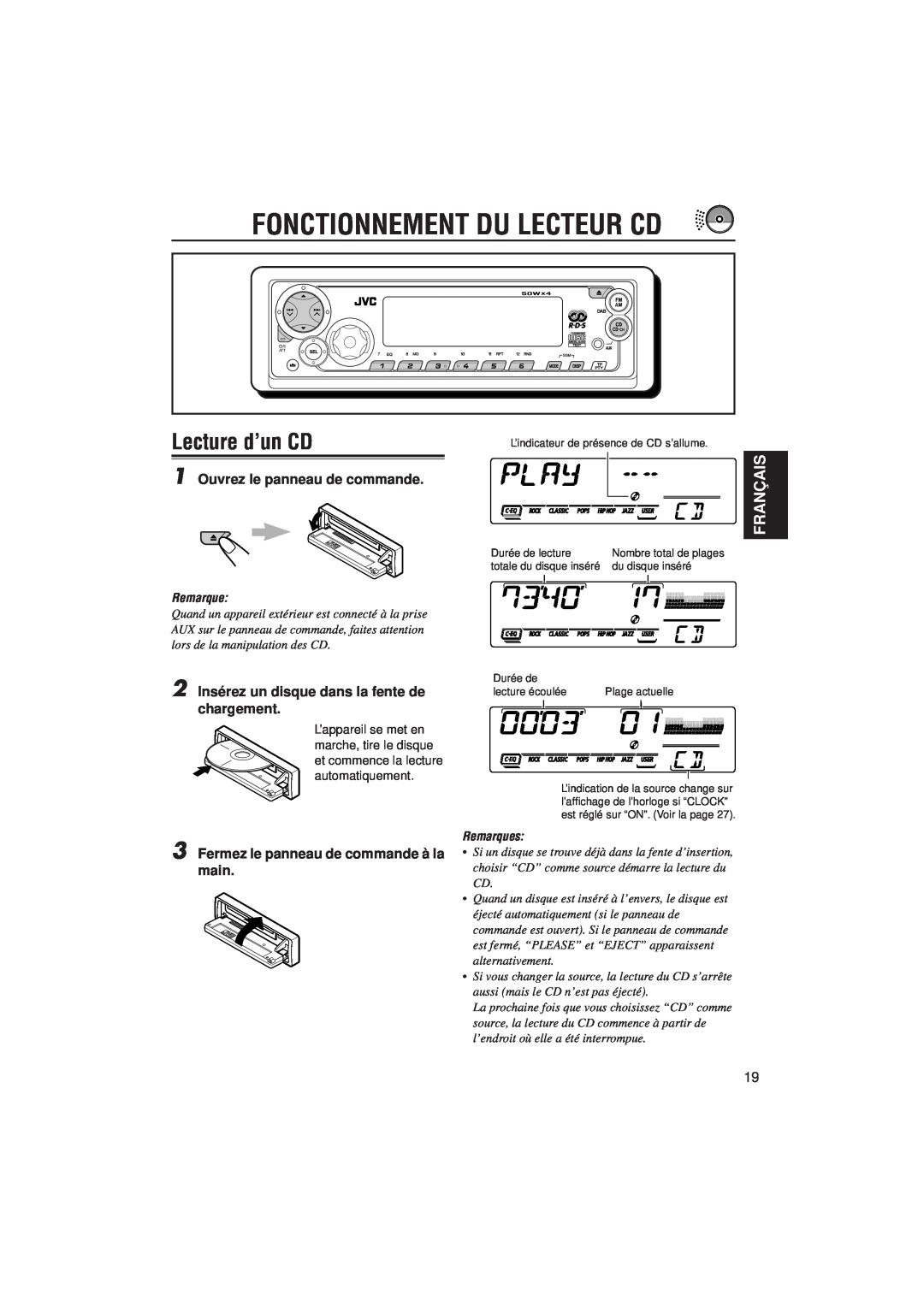 JVC KD-SX992R manual Fonctionnement Du Lecteur Cd, Lecture d’un CD, Français, Ouvrez le panneau de commande, Remarques 