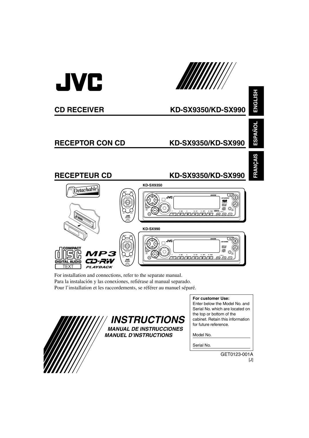 JVC KD-SX990, KD-SX9350 manual Recepteur CD, For customer Use 