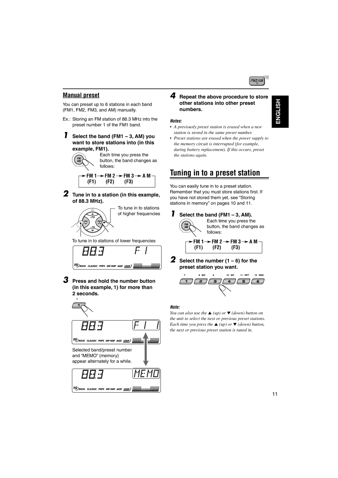 JVC KD-SX990 Manual preset, Tune in to a station in this example, of 88.3 MHz, To tune in to stations of lower frequencies 