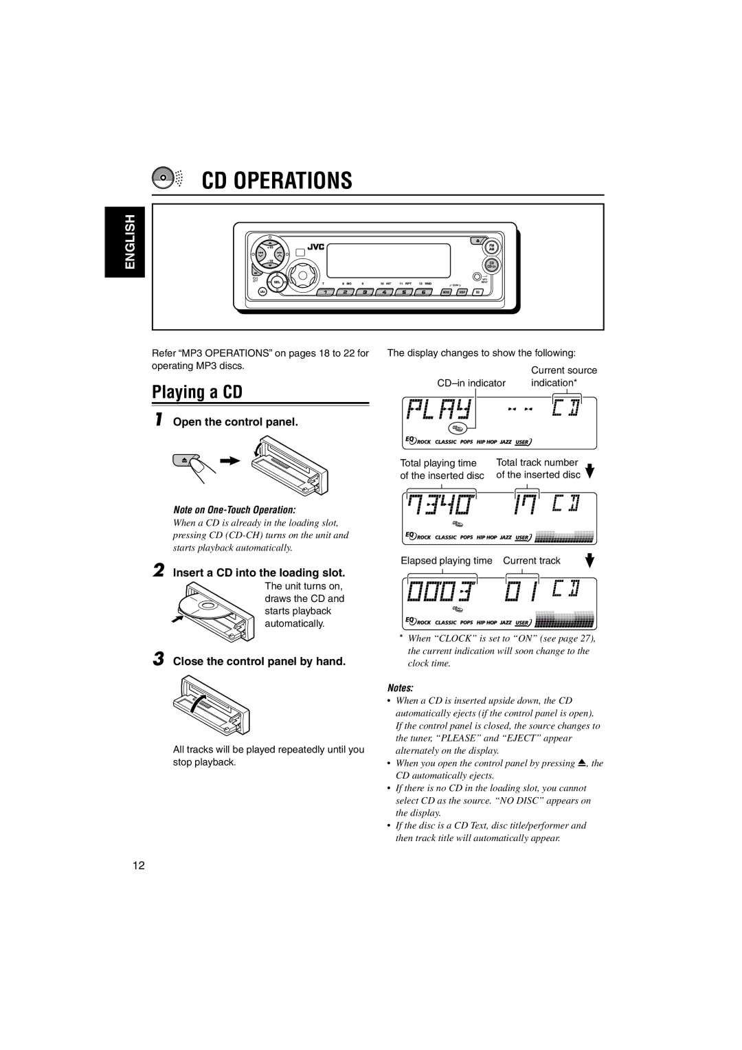 JVC KD-SX9350, KD-SX990 manual CD Operations, Playing a CD, Open the control panel, Insert a CD into the loading slot 