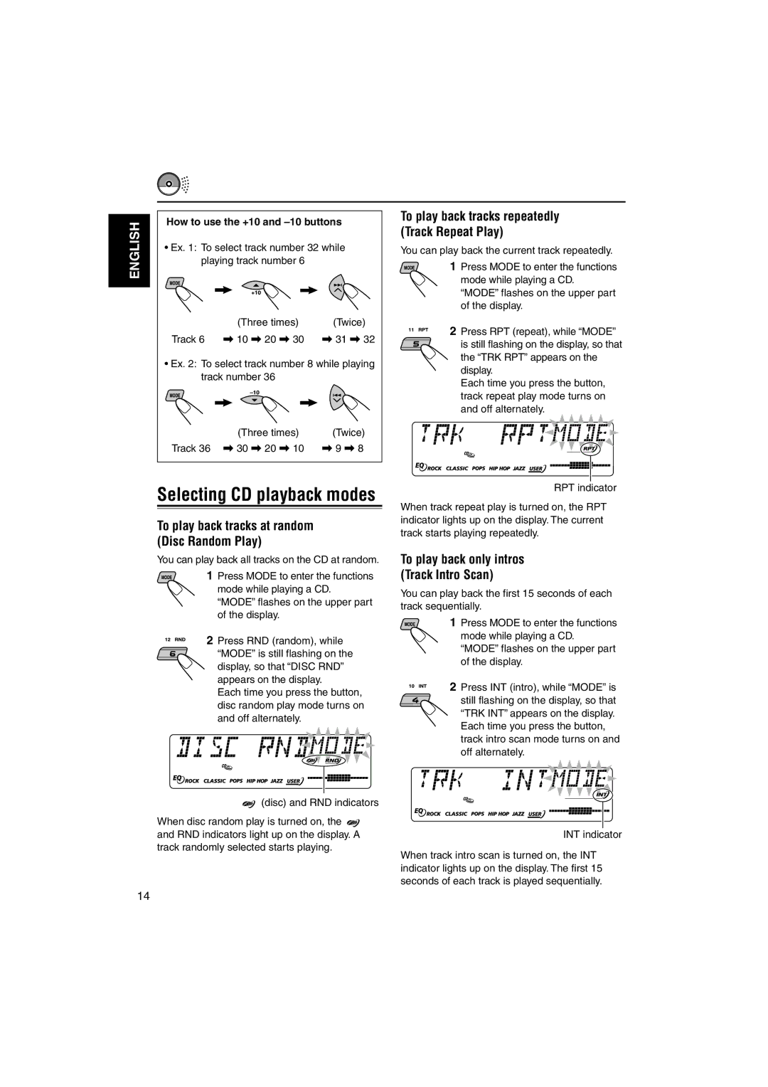 JVC KD-SX9350, KD-SX990 manual To play back tracks at random Disc Random Play, To play back only intros Track Intro Scan 