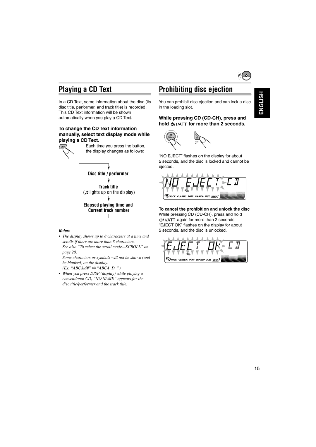 JVC KD-SX990, KD-SX9350 manual Playing a CD Text Prohibiting disc ejection, Disc title / performer Track title 