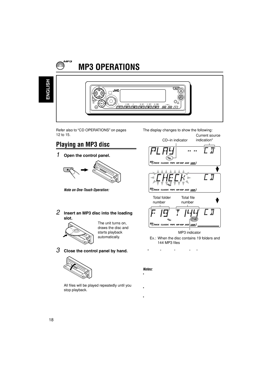 JVC KD-SX9350 MP3 Operations, Playing an MP3 disc, Insert an MP3 disc into the loading slot, Unit turns on, Automatically 