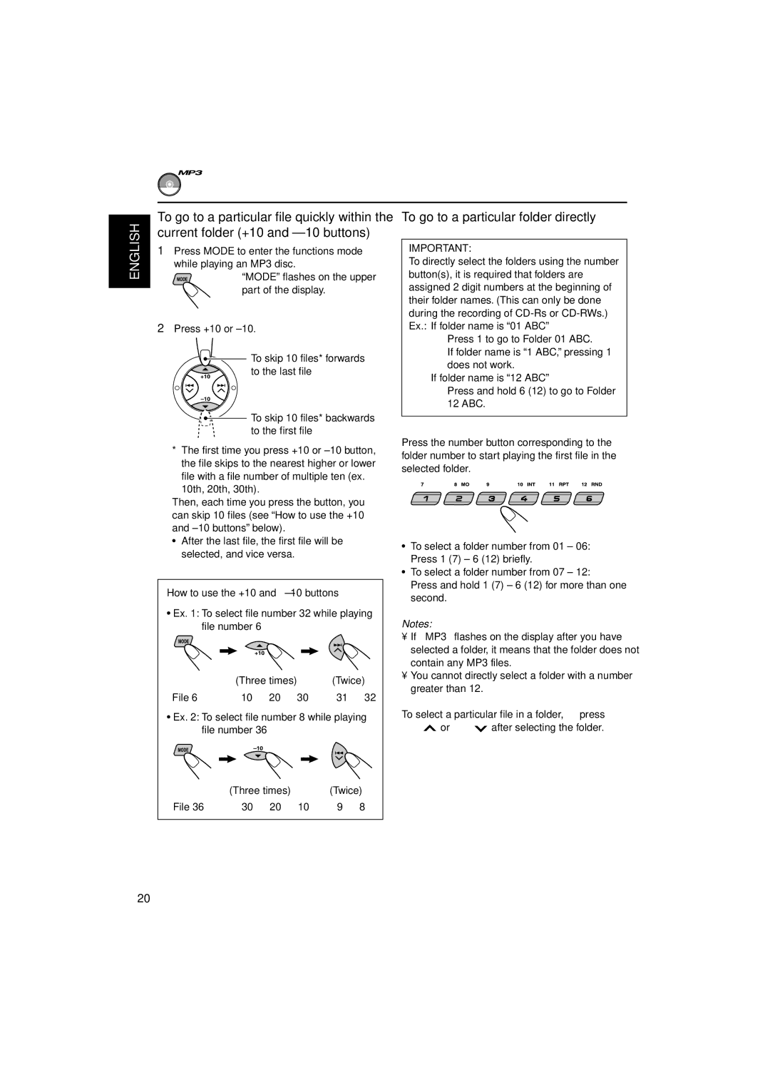 JVC KD-SX9350, KD-SX990 manual Current folder +10 and -10 buttons, To go to a particular file quickly within 