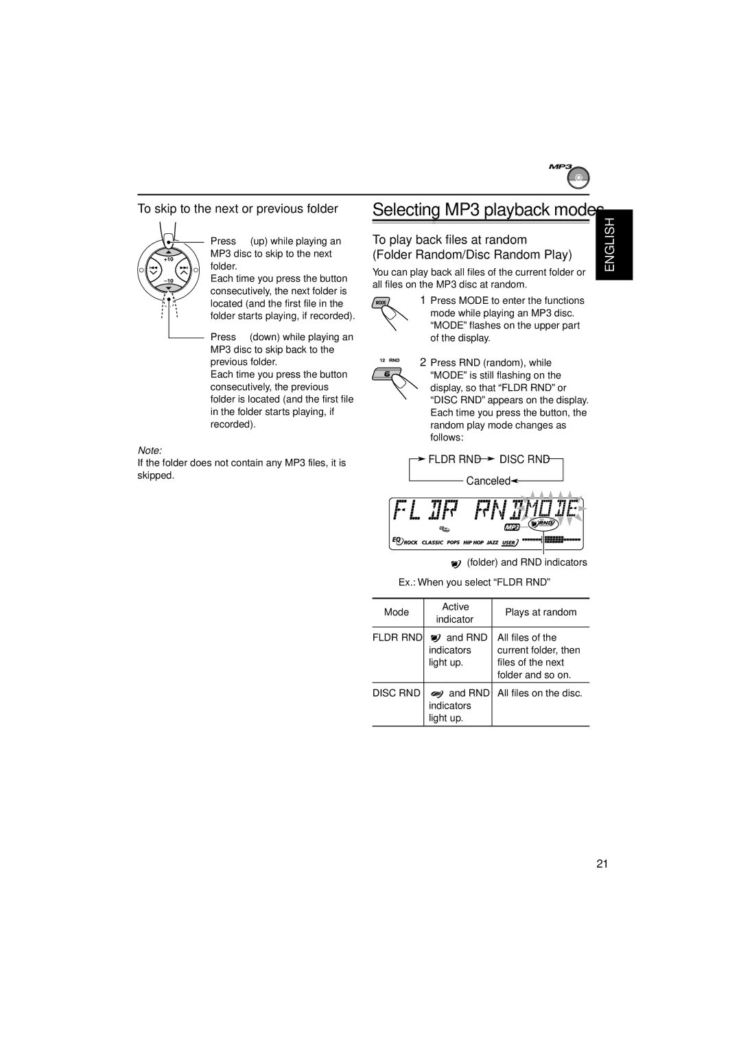 JVC KD-SX990 To skip to the next or previous folder, To play back files at random Folder Random/Disc Random Play, Canceled 