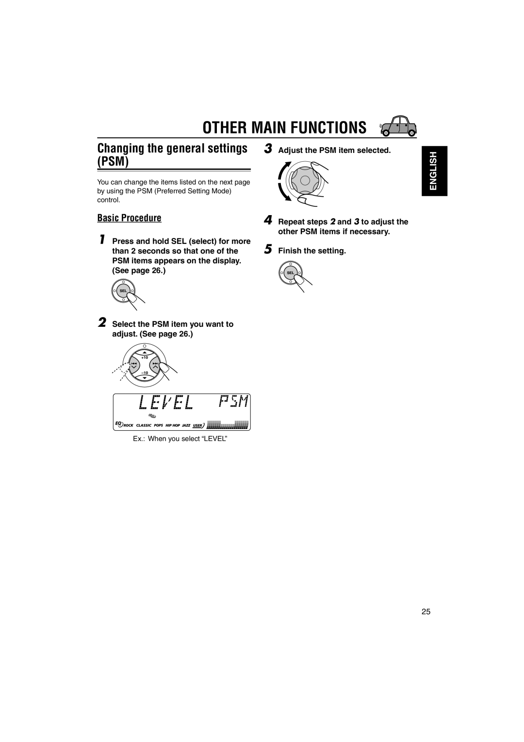 JVC KD-SX990, KD-SX9350 manual Other Main Functions, Basic Procedure, Ex. When you select Level 