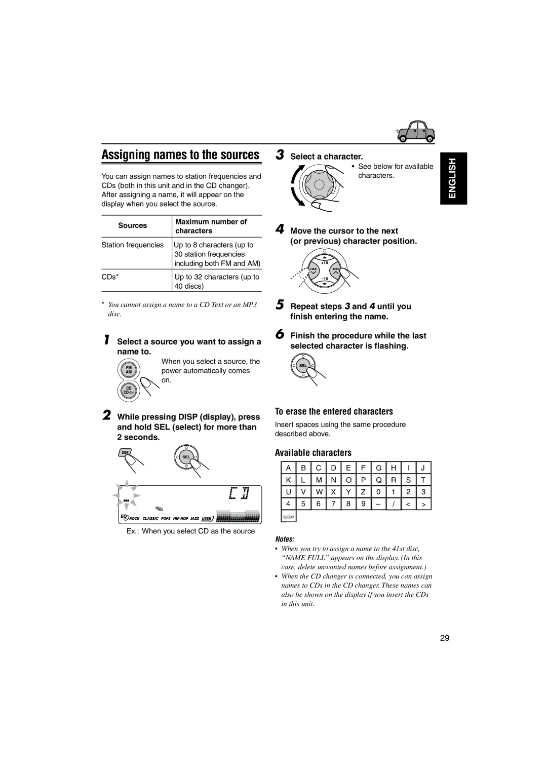 JVC KD-SX990 manual To erase the entered characters, Available characters, Select a source you want to assign a name to 