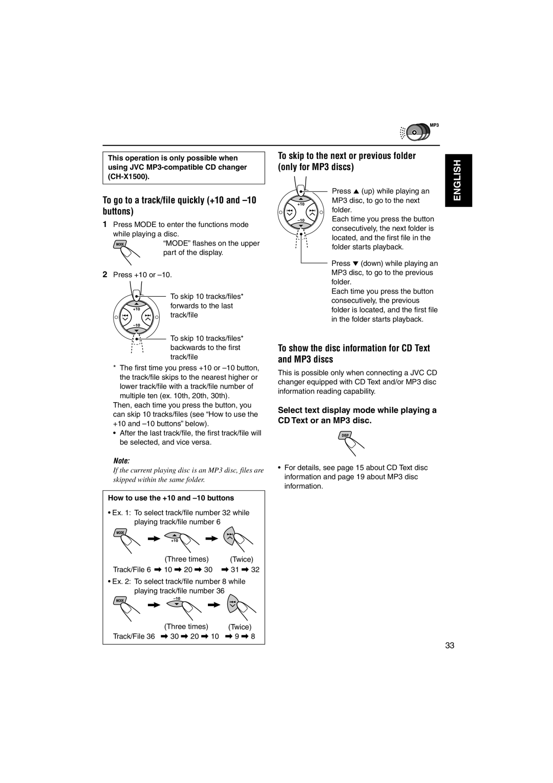 JVC KD-SX990 manual To go to a track/file quickly +10 and -10 buttons, Only for MP3 discs, Track/File 6 \ 10 \ 20 \ \ 31 