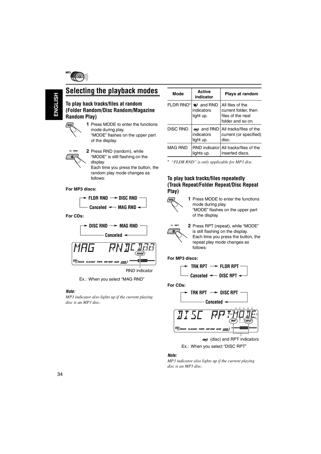 JVC KD-SX9350 To play back tracks/files at random, Random Play, Folder Random/Disc Random/Magazine, Canceled Disc RPT 