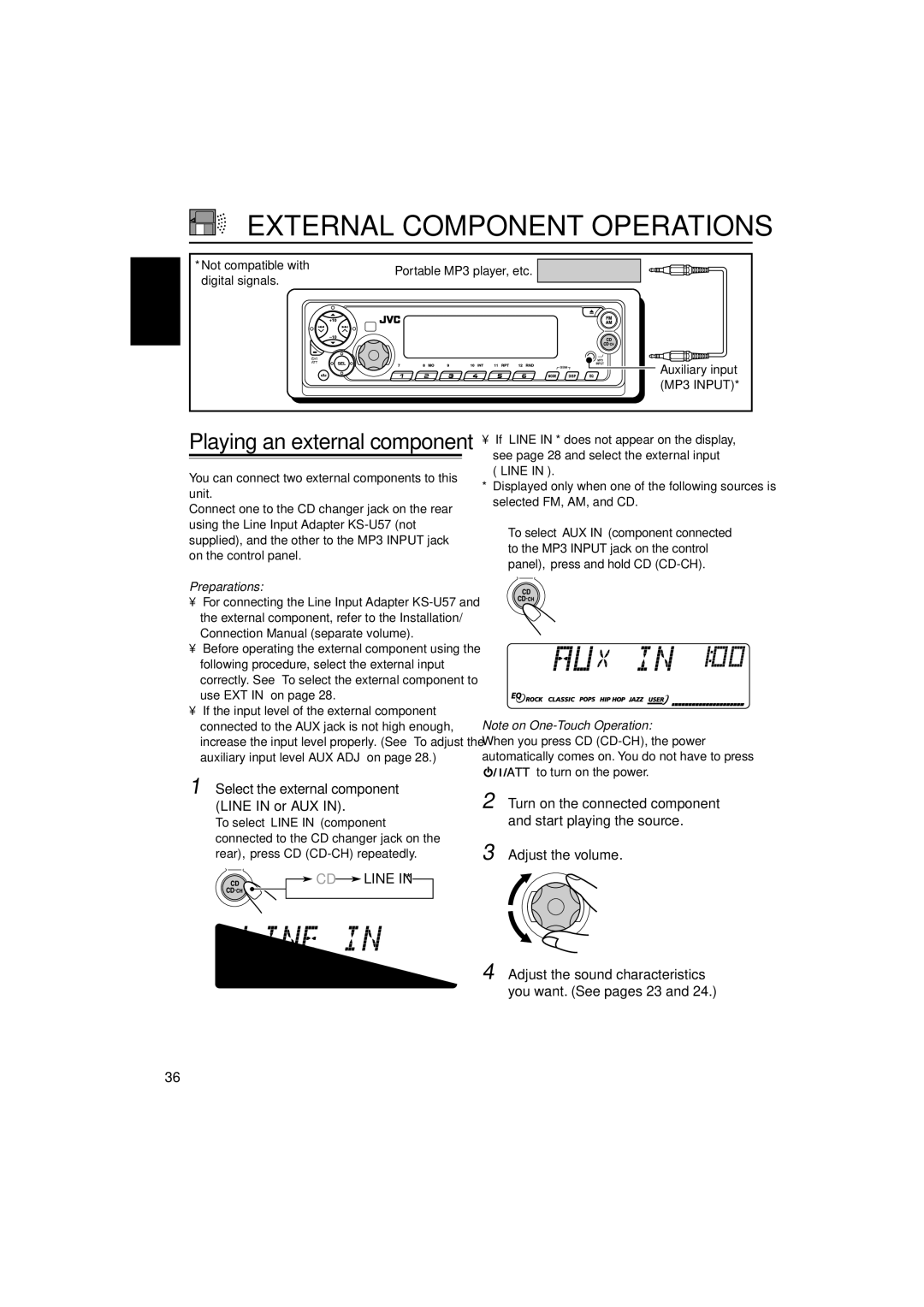 JVC KD-SX9350, KD-SX990 manual External Component Operations, Select the external component Line in or AUX, CD Line 