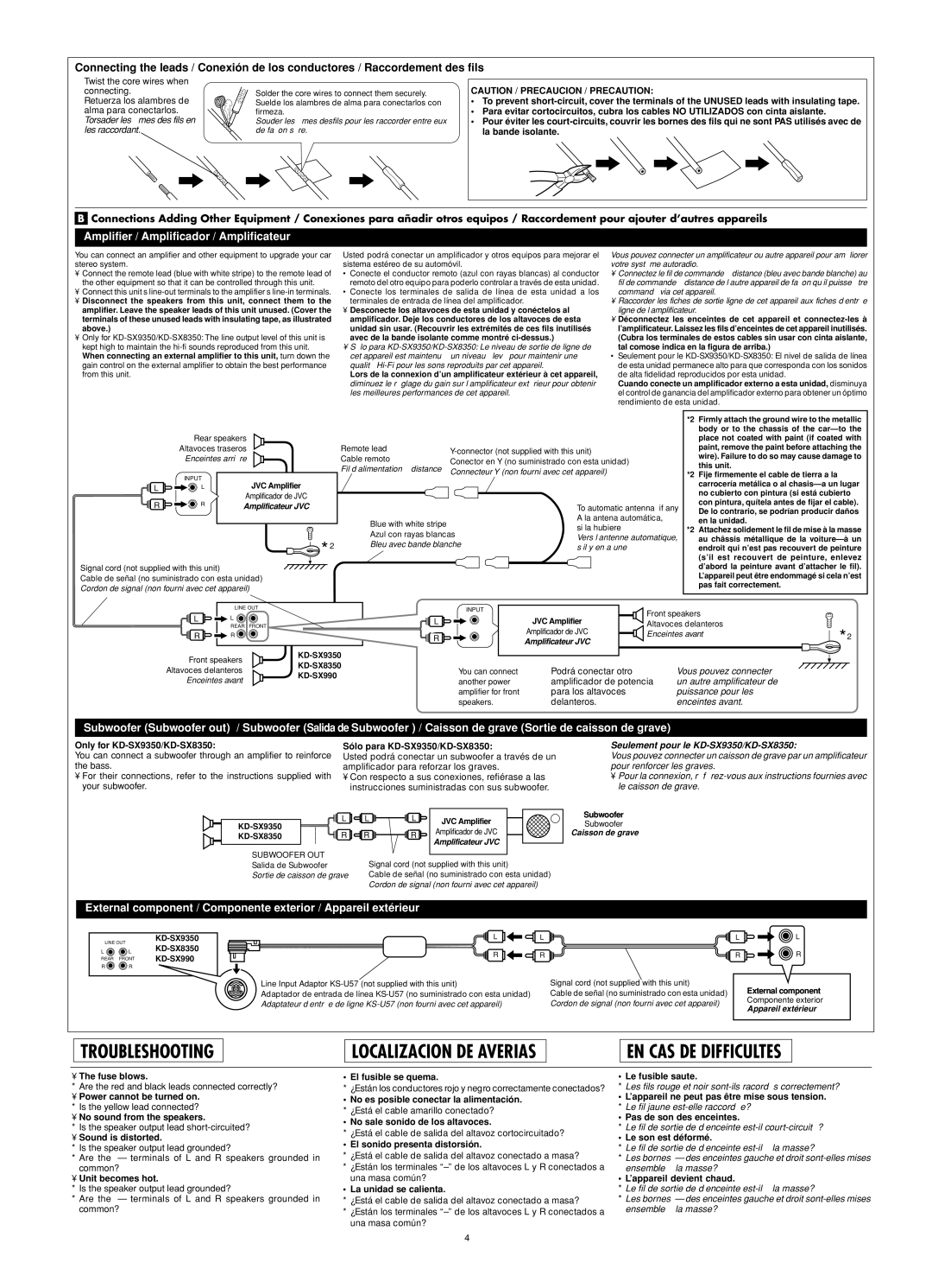 JVC KD-SX990 manual Only for KD-SX9350/KD-SX8350, Sólo para KD-SX9350/KD-SX8350, Fuse blows, Power cannot be turned on 