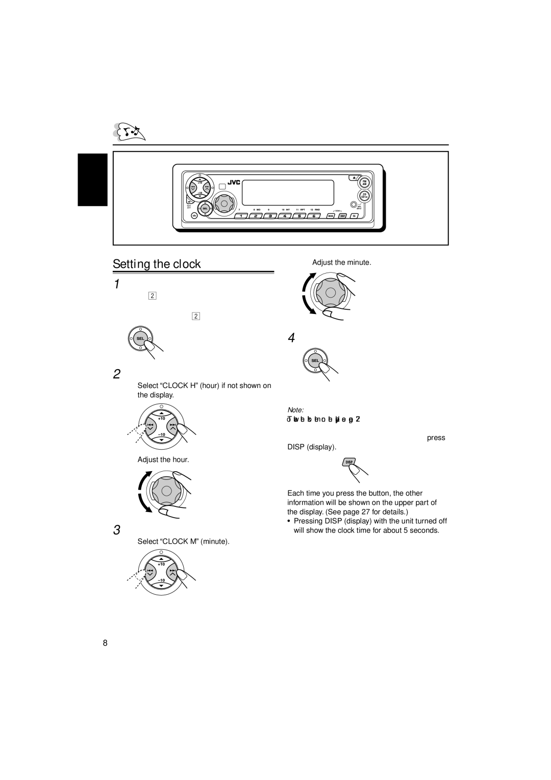 JVC KD-SX9350, KD-SX990 manual Setting the clock, Set the minute, Finish the setting 