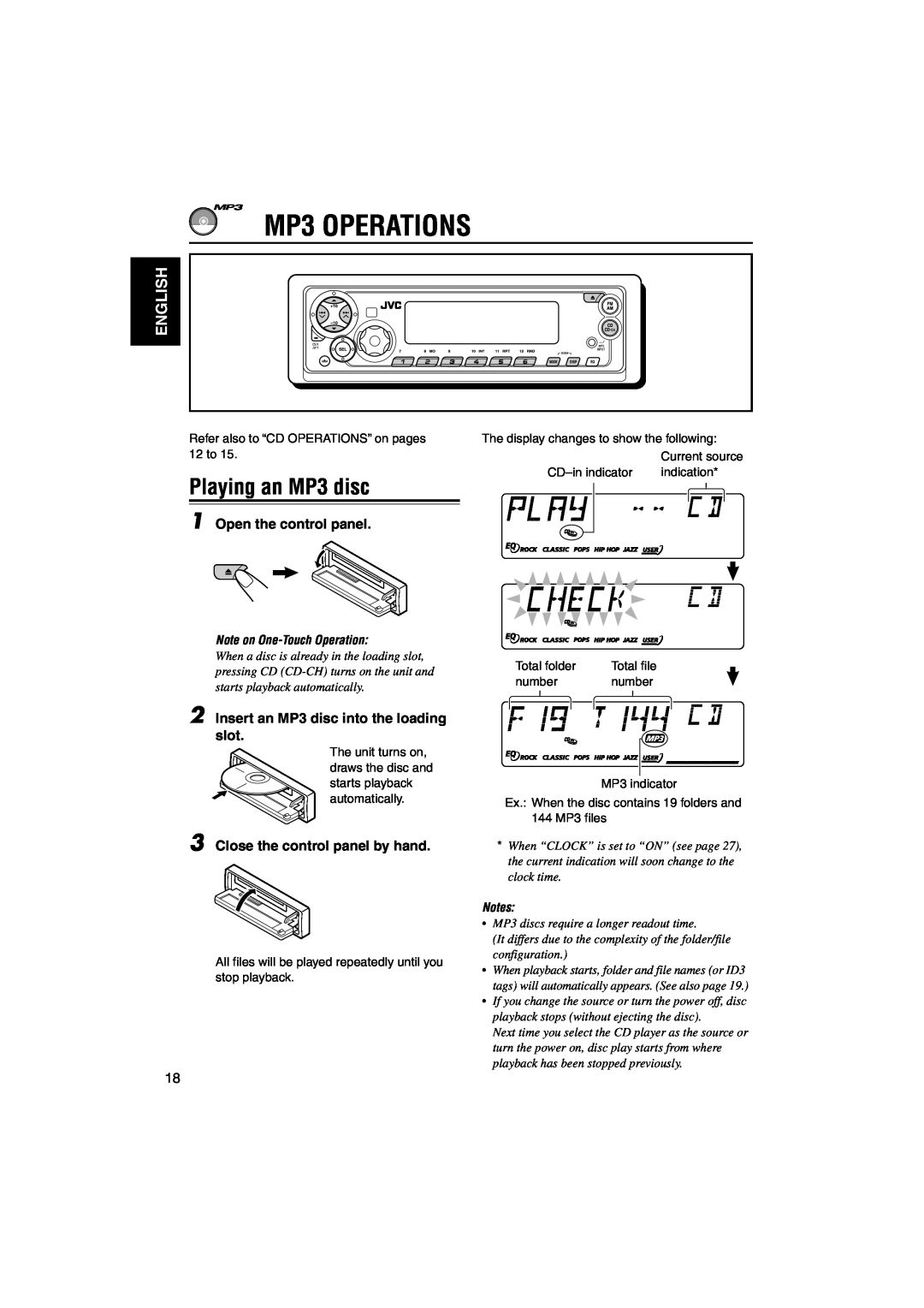 JVC KD-SX9350 manual MP3 OPERATIONS, Playing an MP3 disc, English, Open the control panel, Close the control panel by hand 