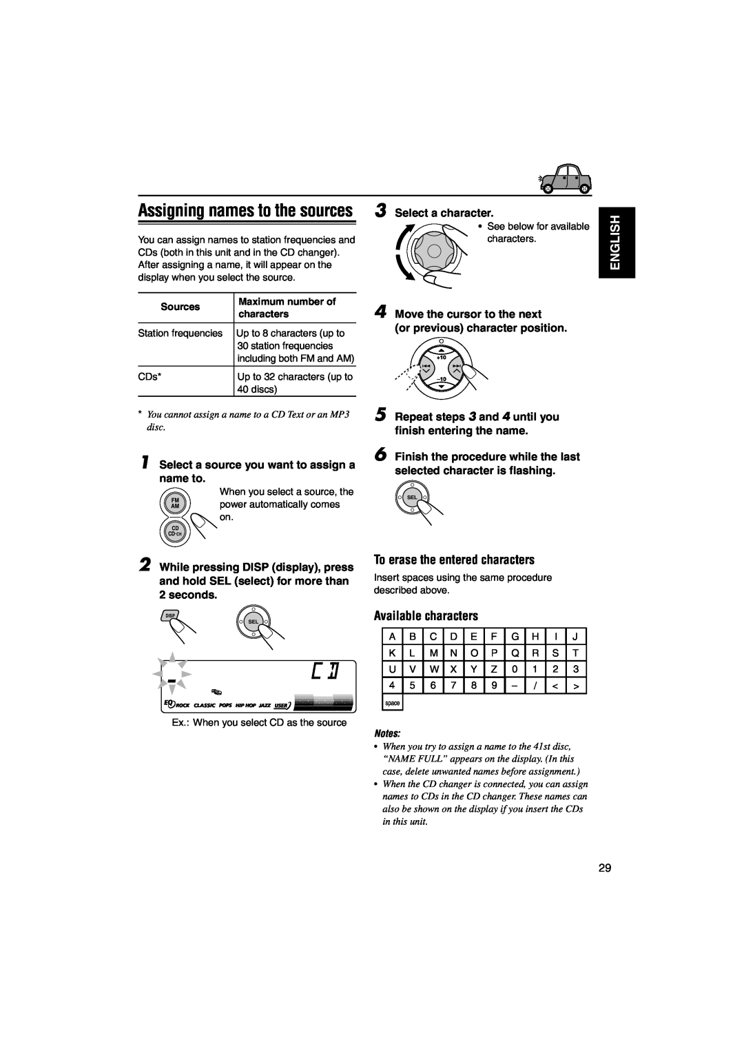 JVC KD-SX990 manual Assigning names to the sources, To erase the entered characters, Available characters, English, Sources 