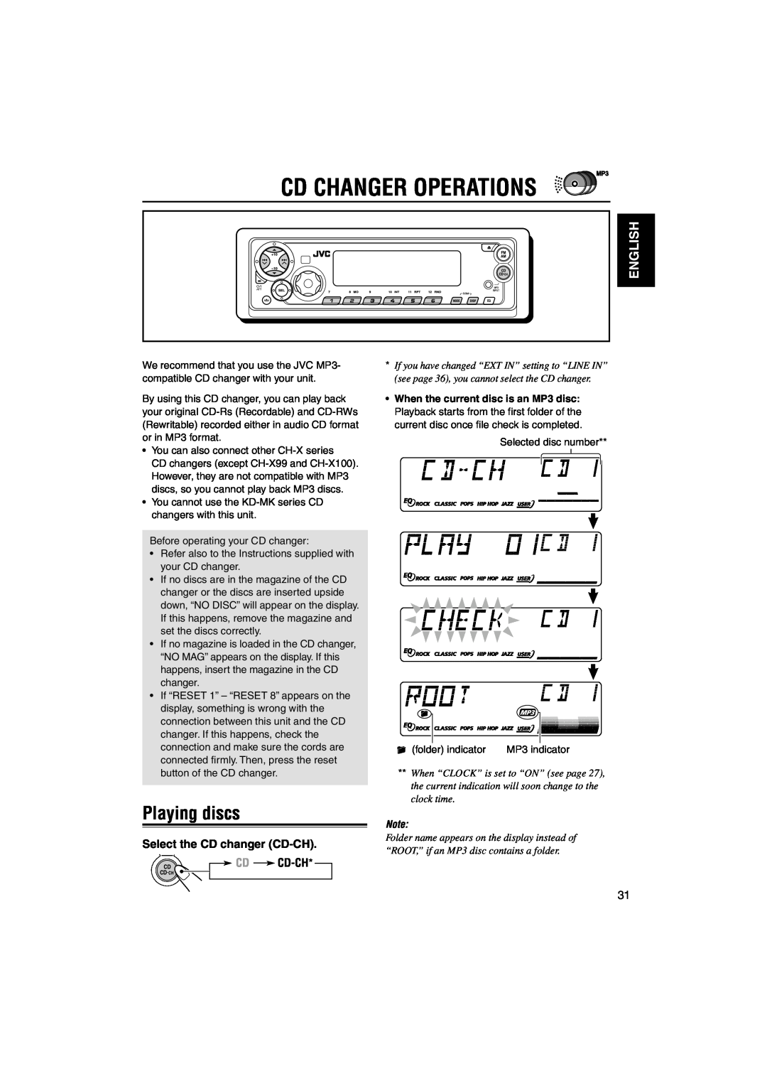 JVC KD-SX990, KD-SX9350 manual Cd Changer Operations, Playing discs, English, Select the CD changer CD-CH CD CD-CH 