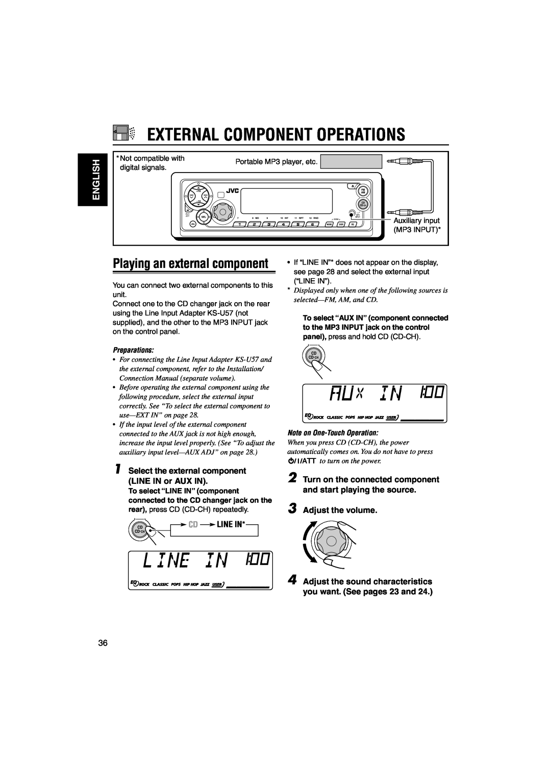 JVC KD-SX9350 manual External Component Operations, Playing an external component, English, Cd Line In, Adjust the volume 