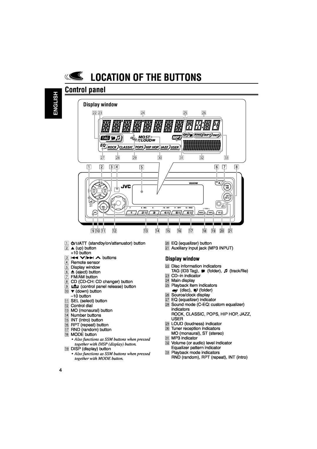JVC KD-SX9350, KD-SX990 manual Location Of The Buttons, Control panel, English, Display window 