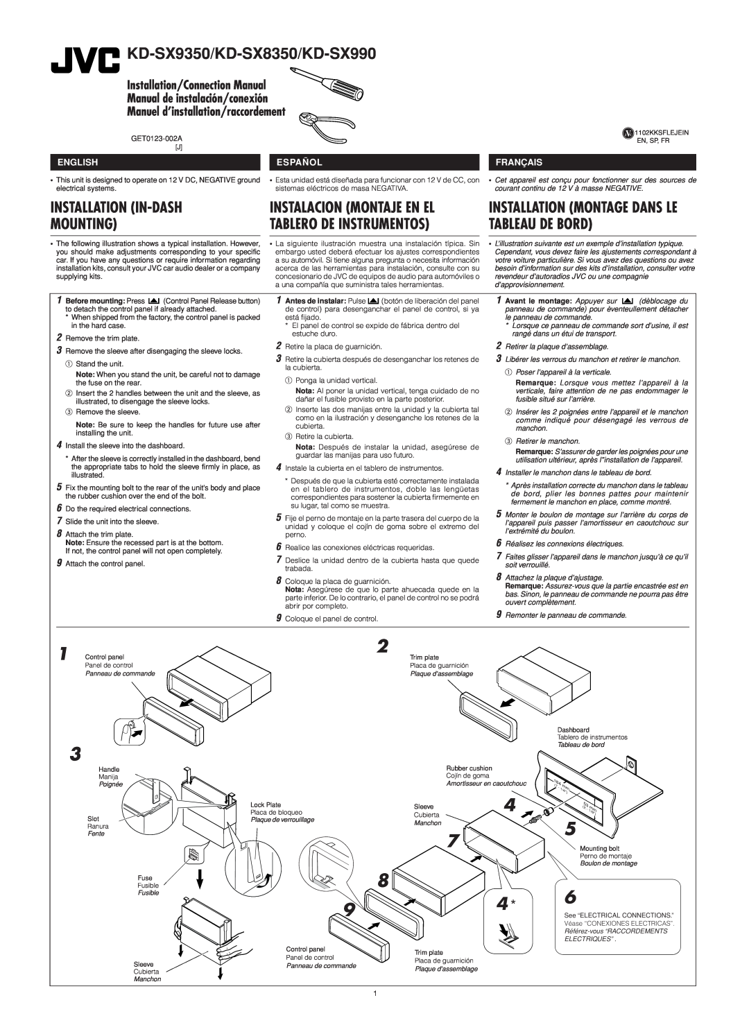 JVC manual Installation In-Dash, Mounting, Tableau De Bord, KD-SX9350/KD-SX8350/KD-SX990, Tablero De Instrumentos 