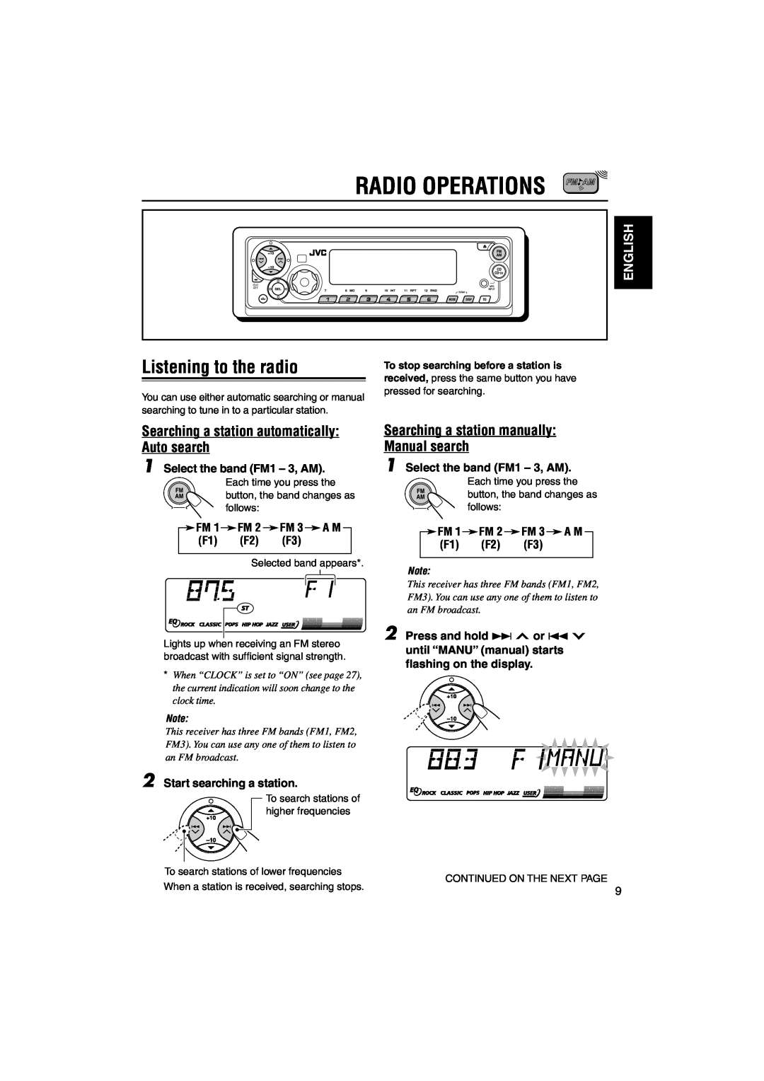 JVC KD-SX990 Radio Operations, Listening to the radio, Searching a station automatically Auto search, English, FM 3 A M 