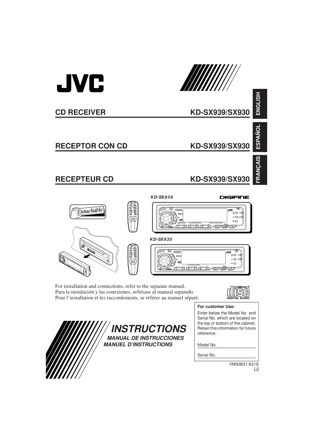 JVC KD-SX939/SX930 manual Instructions, Recepteur CD 